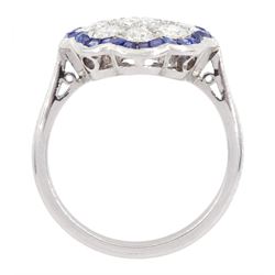 18ct white gold old cut diamond and calibre cut sapphire flower head cluster ring, total diamond weight approx 1.00 carat