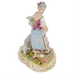 Sitzendorf figure modelled as a shepherdess, together with pair of apple sellers and other continental figures