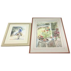 Andrew D Barlow (British contemporary): Man Riding Donkey, watercolour signed and dated 2005 together with Daphne Stevenson (British contemporary): Greenhouse Still Life, watercolour signed max 53cm x 35cm (2)