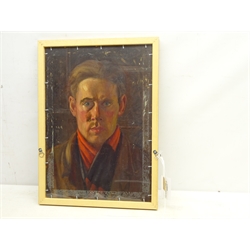  English School (Early 20th Century): Study of a Schoolboy with a Cricket Bat and Young Man's portrait verso, oils on panel unsigned 47cm x 33cm   