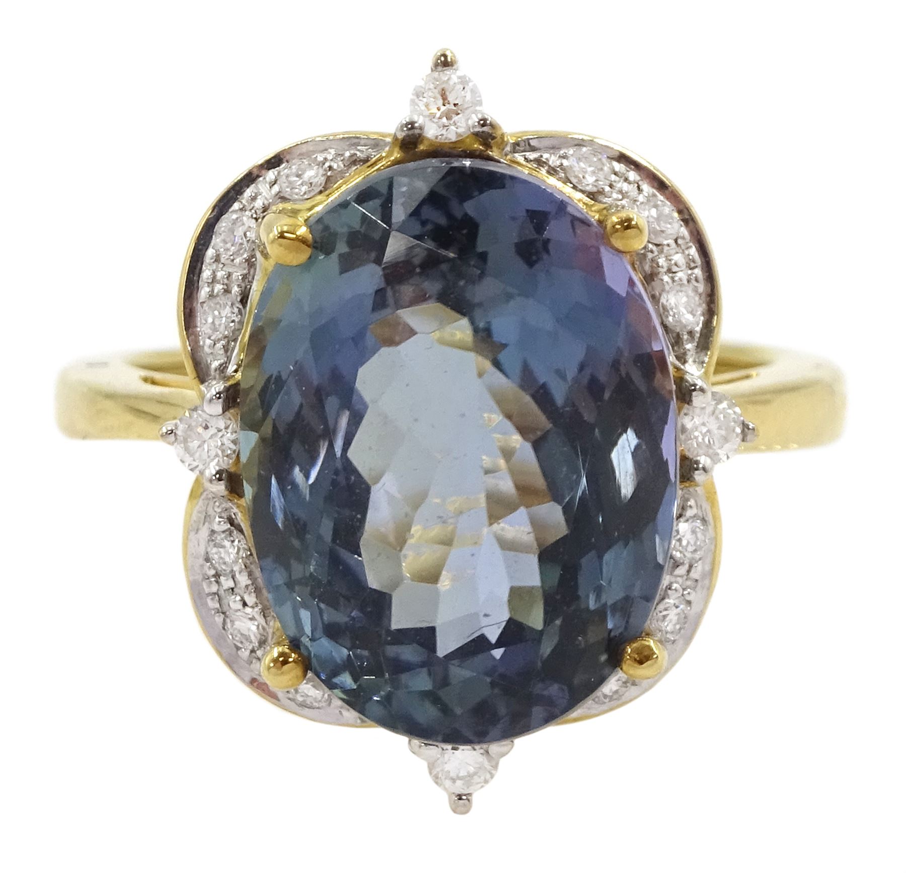 18ct gold oval cut fancy colour tanzanite and round brilliant cut diamond cluster ring, hallmarked, tanzanite approx 9.00 carat