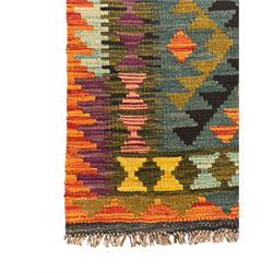 Afghan Maimana Kilim flatweave rug, teal ground with a vibrant multicoloured diamond lattice, framed by stylised border motifs and finished with fringed edges