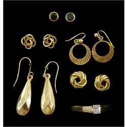 9ct gold jewellery including single stone diamond ring, pair of sapphire stud earrings, two pairs of knot stud earrings and two pairs of pendant earrings