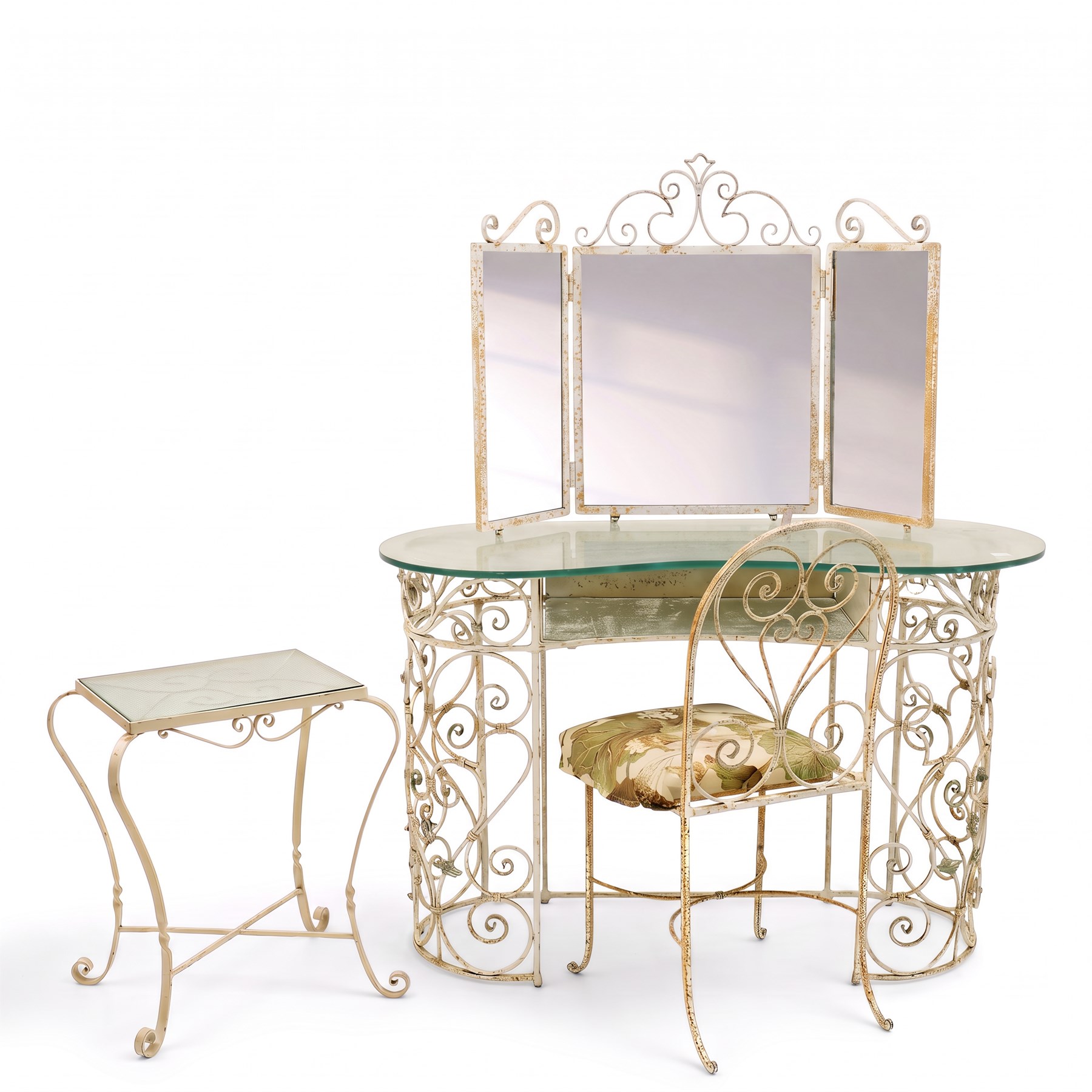 Unusual mid-20th century white painted wrought iron kidney shaped dressing table, shaped mottled glass top on pierced scrolling metal frame, with matching chair and occasional table