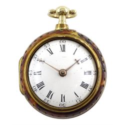 George III silver-gilt and tortoise shell verge fusee pocket watch by Owen Jackson, Cranbrook, No.54, pierced and engraved balance cock decorated with a mask, white enamel dial with Roman hours and outer Arabic minute ring, Fleur de Lis hands, the inner case makers mark H ?, London 1762, the outer tortoiseshell case, with pique work borders