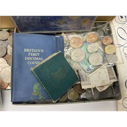 Great British and World coins, including a small number of pre 1920 silver coins, pre-decimal pennies, commemorative crowns, various part filled 'The London Mint Office' commemorative coin folders, Britain's First Decimal Coins sets in blue folders, pre-Euro coinage, United States of America coins etc