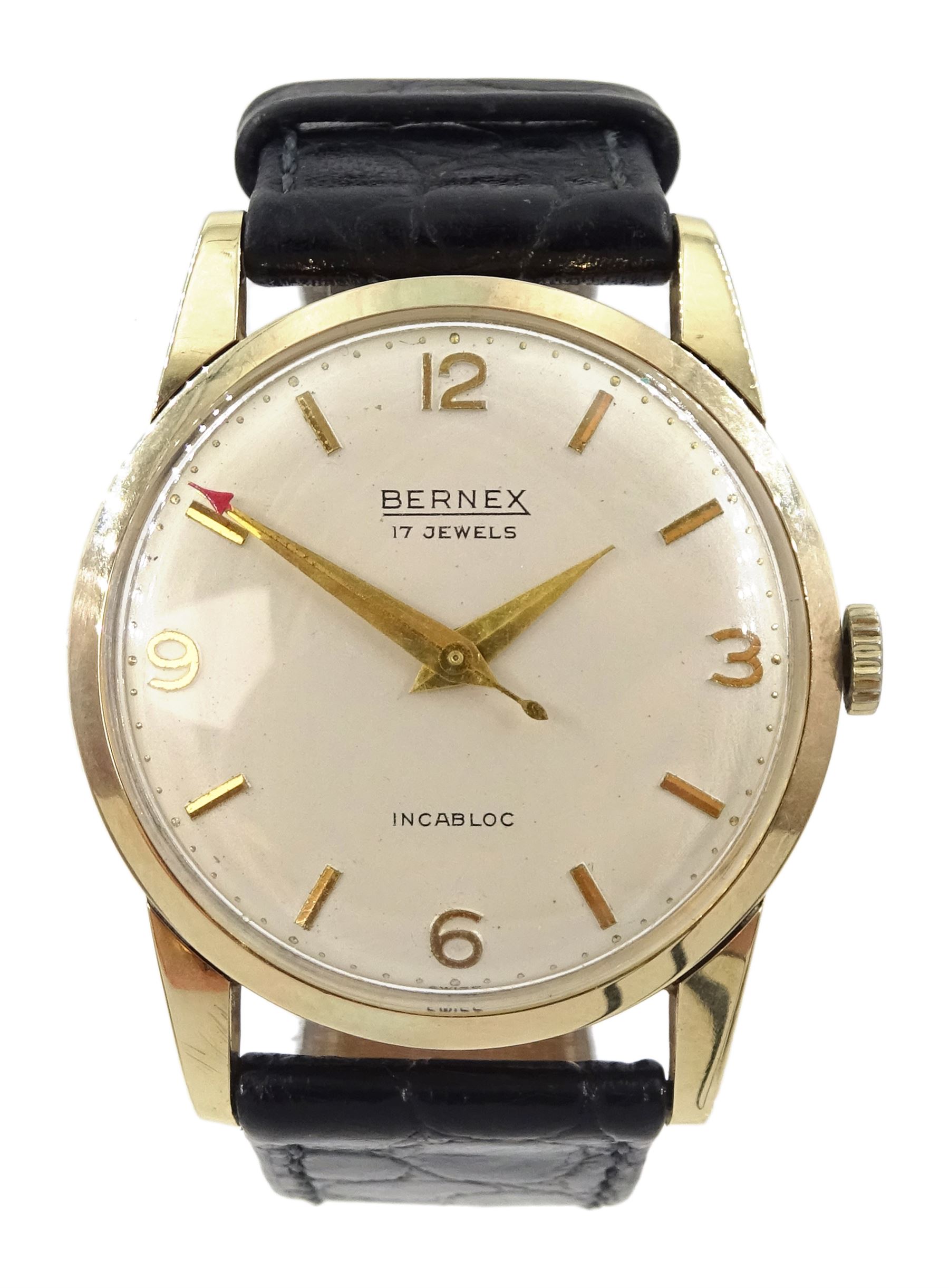 Bernex 9ct gold gentleman's manual wind wristwatch, Birmingham 1958, on leather strap