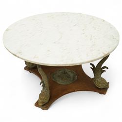Late 20th century Spanish marble top coffee table, circular white marble top raised on fou...