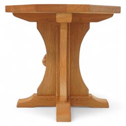 Mouseman - oak coffee table, octagonal adzed top on cruciform base and sledge feet, carved with mouse signature, by the workshop of Robert Thompson, Kilburn