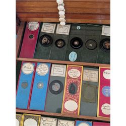 Victorian collector's specimen cabinet, containing a number of prepared microscope slides including miniature photographs, animal and human pathological, physiological and histological specimens and botanical specimens, mostly annotated in ink, the cabinet with glazed door, the drawers with bone handles and lined with green felt, owned by Dr Arthur Bristow, together with a picture of the doctor, cabinet H43cm