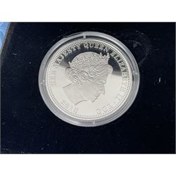 Commemorative Tristan Da Cunha coins including 2013 'The 60th Anniversary of the Coronation of Queen Elizabeth II Pure Silver Crown Set' cased with certificate,  2014 'World War I Silver Commemorative' one crown cased with certificate, 9ct gold 2012 half crown approximately 1 gram etc