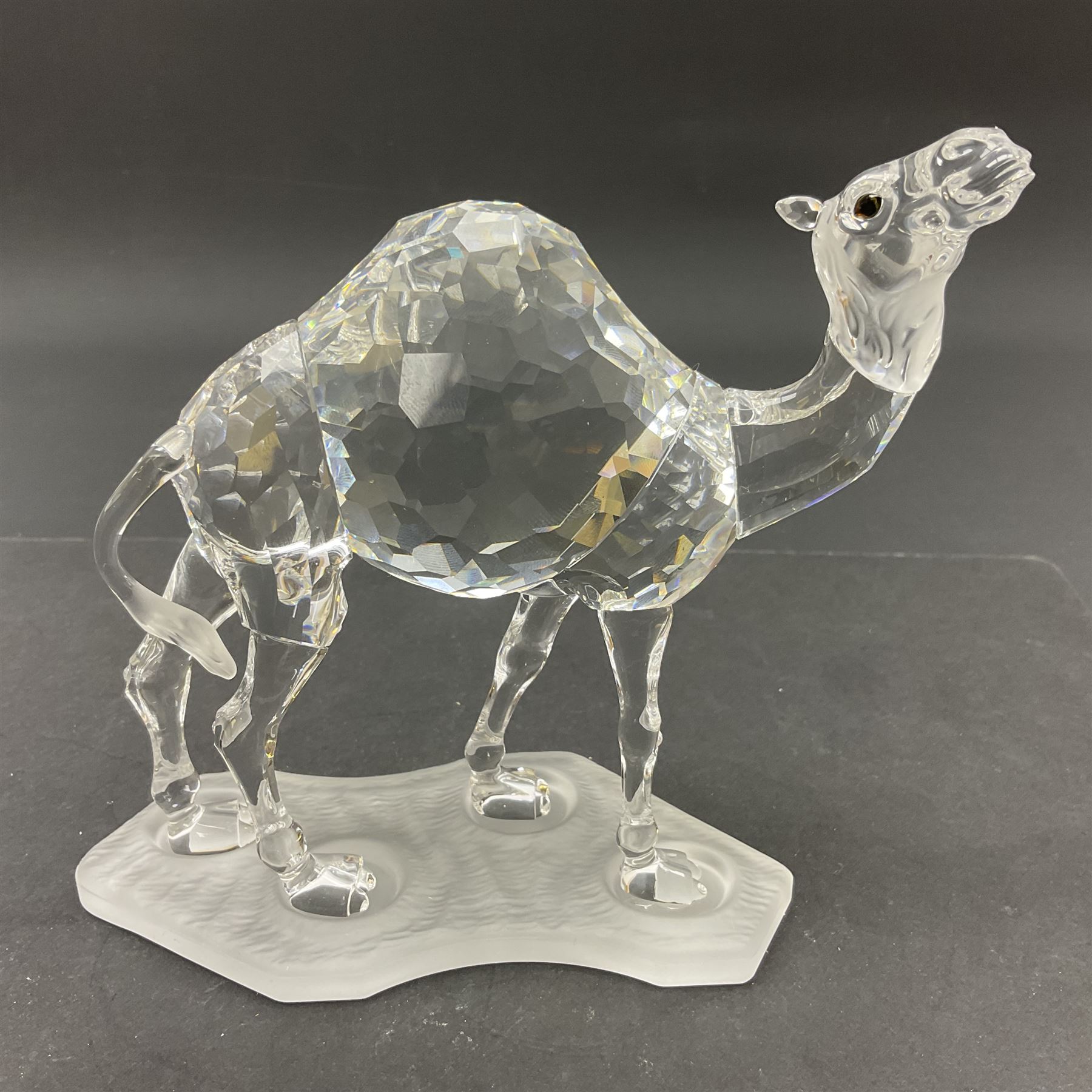Swarovski Crystal animals, comprising camel and lion, both upon frosted crystal bases, together with Swarovski Crystal palm tree, upon similar frosted crystal base, tallest H14cm
