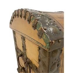 19th century painted oak sea chest, hinged dome top enclosing small compartment, bound by shaped and pressed metal strapwork, scumbled finish to resemble oak and painted with small vignettes depicting portraits and landscapes within panels, fitted with large wrought metal carrying handles, the front inscribed 'H.J.S. 1870' 