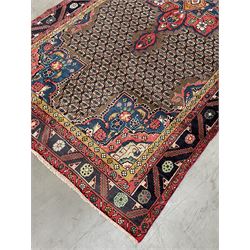 Persian Hamadan rug, the rosette pole medallion on a pale field decorated with stylised motifs, the blue band border decorated with stylised flower heads