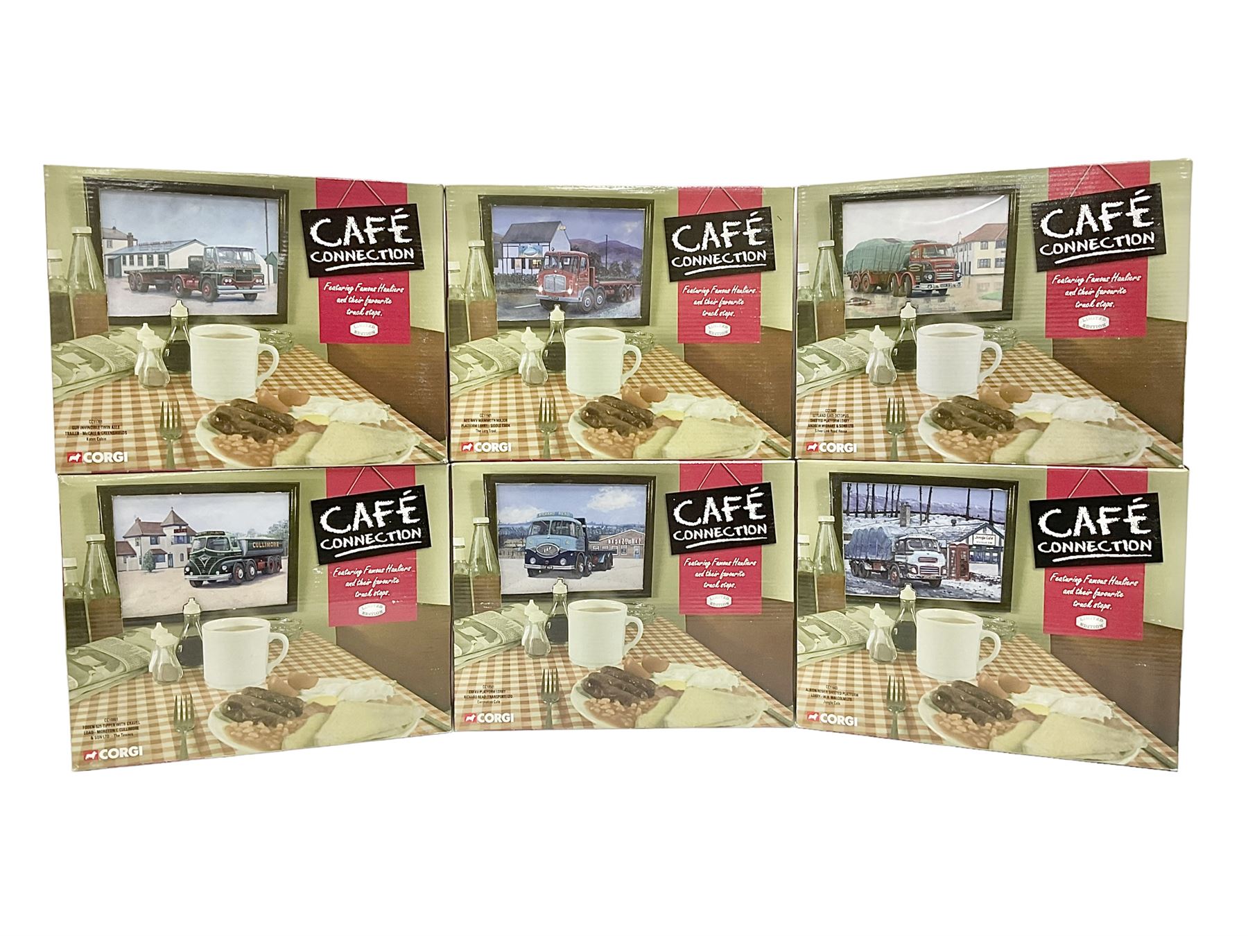 Corgi - six Cafe Connection boxed sets to include CC10501 ERF K. Platform Lorry - Richard Read (Transport) Ltd. Coronation Cafe; CC10801 Foden S21 Tipper with Gravel Load - Moreton C Cullimore & Son Ltd. The Towers; CC11603 Albion Reiver Sheeted Platform Lorry - W.H. Malcolm Ltd. Jungle Cafe; with three further examples, all boxed (6)