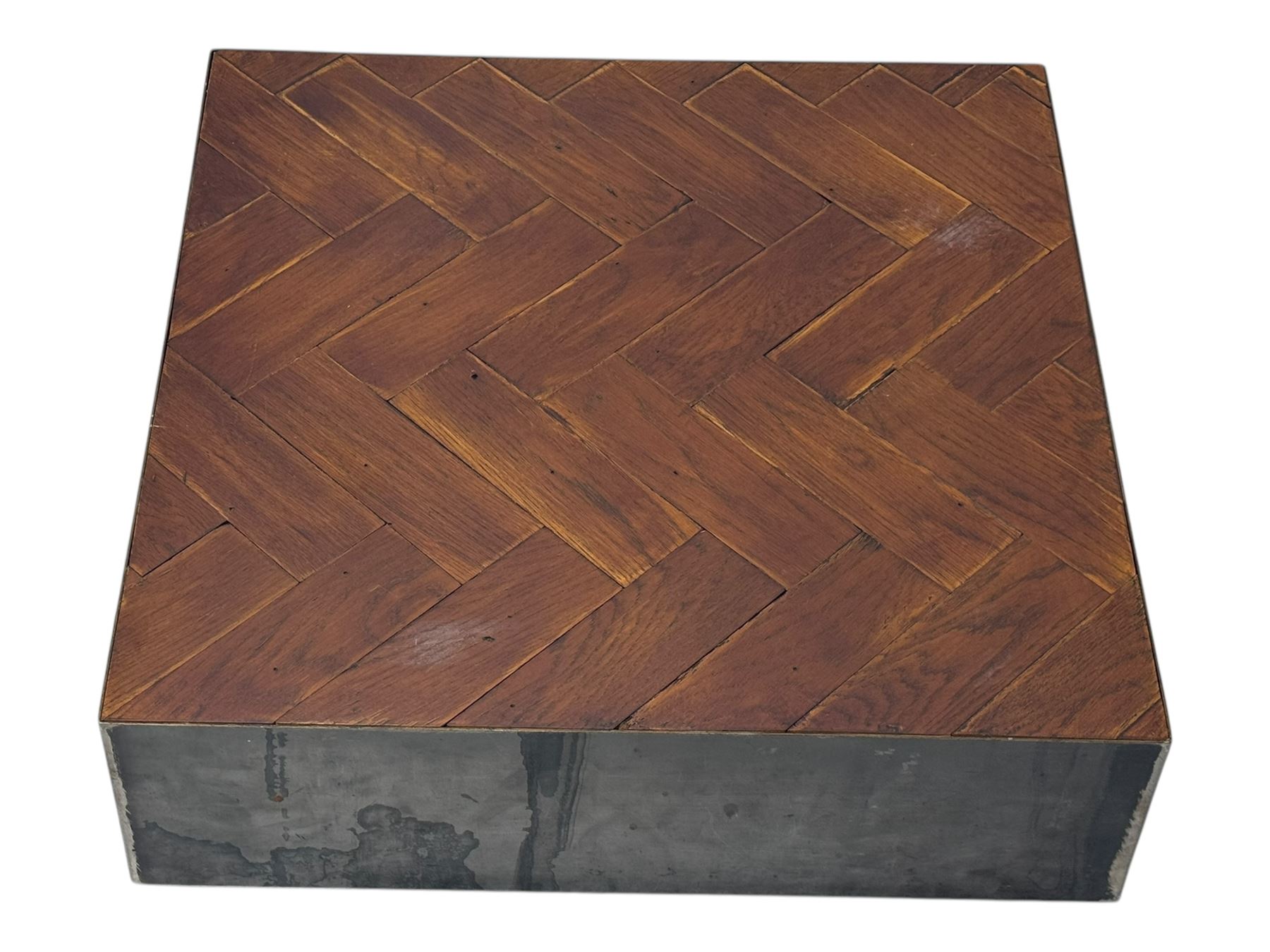 House of Fraser - contemporary parquet display stand, square herringbone-patterned wooden top over a patinated metal base