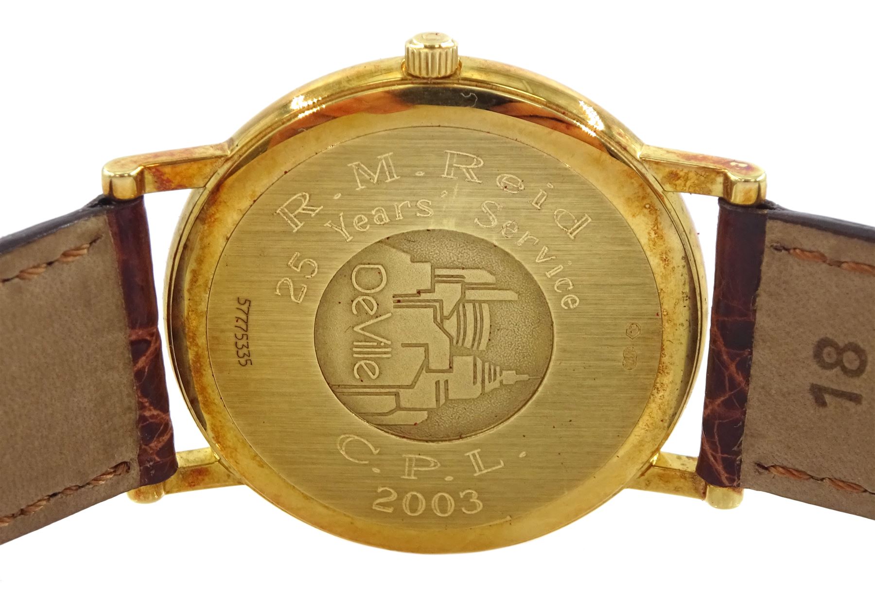 Omega De Ville gentleman's 18ct gold quartz presentation wristwatch, Ref. 73201412, champagne dial with date aperture, on original brown leather strap with gilt buckle, box with warranty card dated 2004