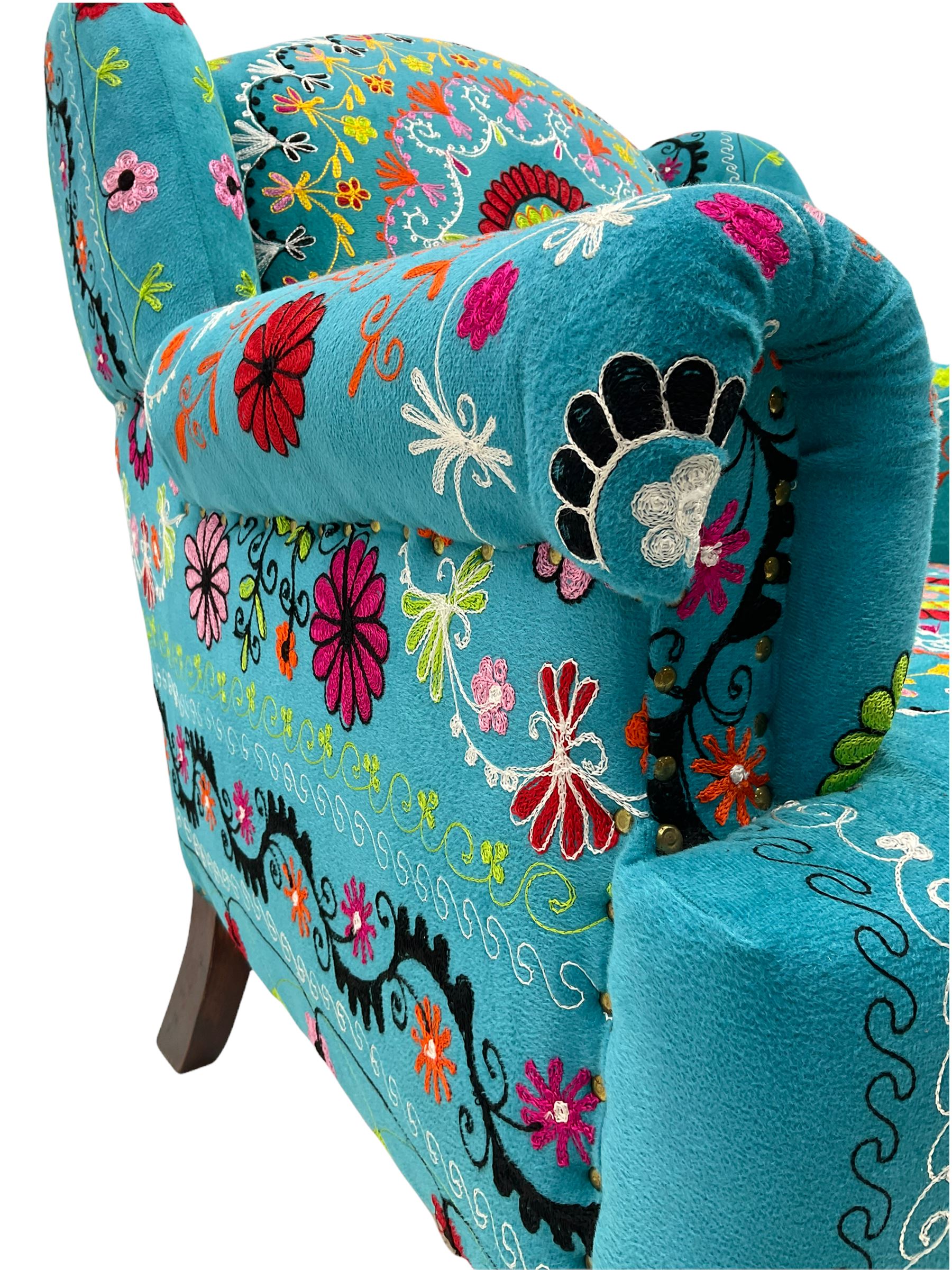 Myakka Victorian style club armchair, upholstered in crazy daisy turquoise fabric 