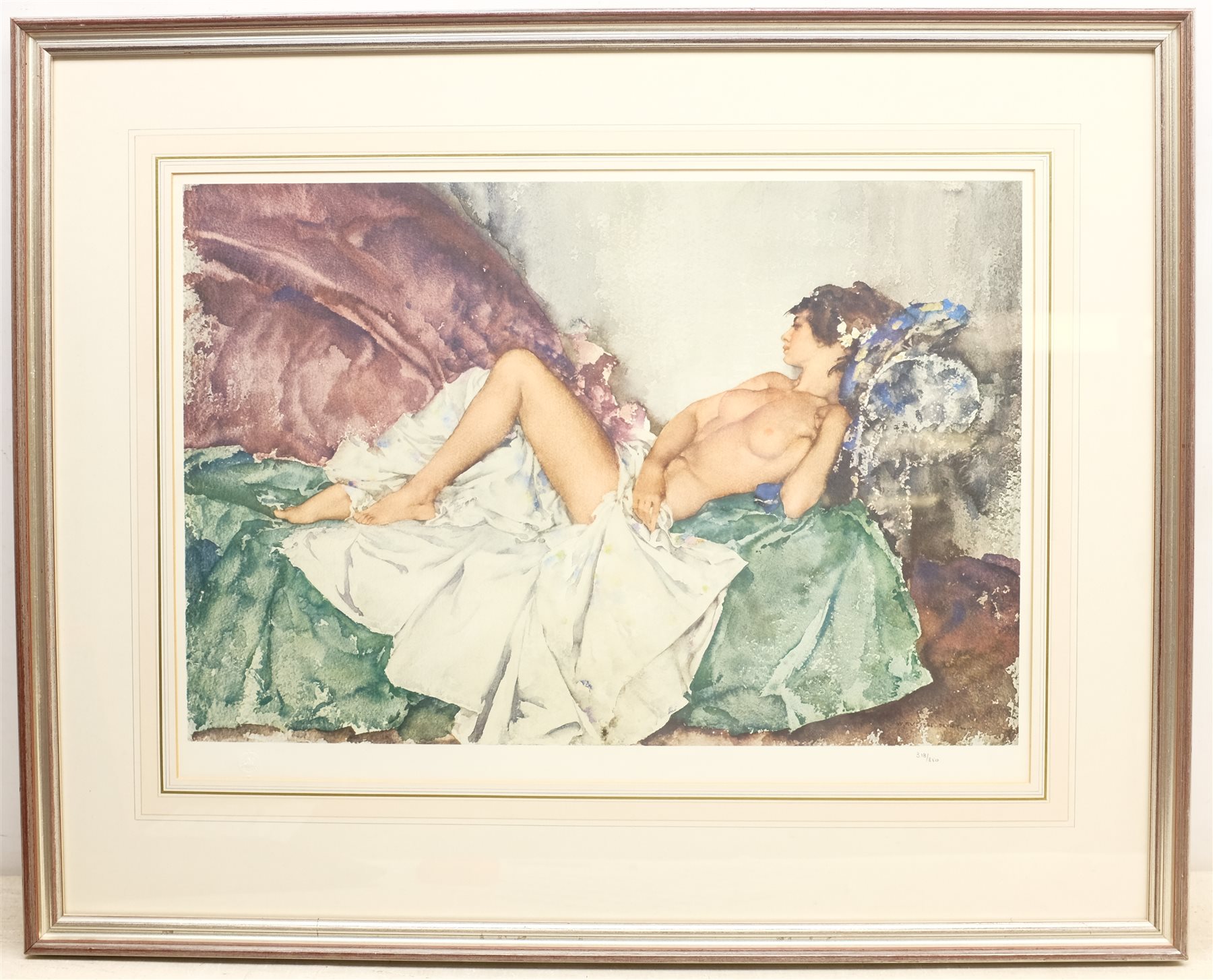 After Sir William Russell Flint (Scottish 1880-1969): Reclining Nude III, limited edition coloured lithograph with blind stamp numbered in pencil 318/850, 42cm x 59cm 