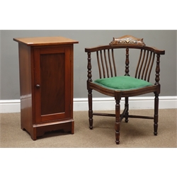  Victorian mahogany bedside cabinet enclosed by figured door (W41cm, H73cm, D34cm), and an Edwardian inlaid walnut and rosewood corner chair with upholstered seat  