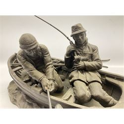 Bronzed resin sculpture, salmon anglers in mayfly boat, after Roland Chadwick signed, H21cm
