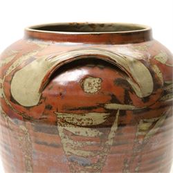 Large Crowan Pottery bread crock, H30cm; together with a studio pottery oval shallow dish, D52cm, and an Alan Caiger-Smith bowl, D42cm, variously marked and inscribed (3)