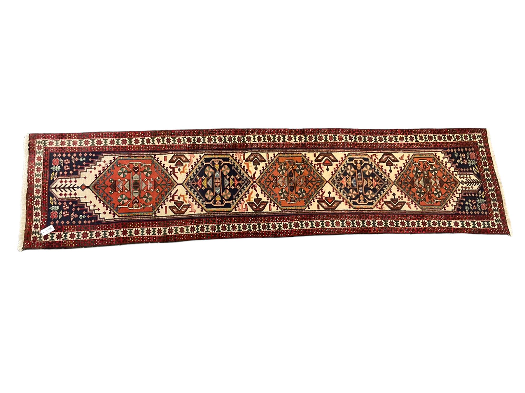 Persian Ardebil runner rug, beige and red ground, diamond centre pattern