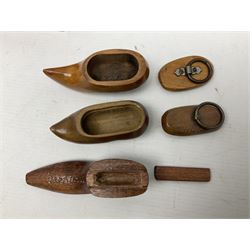 19th century snuff box in the form of a shoe with inlaid pinhead decoration, together with two snuff boxes in the form of clogs, Grindelwald vesta case and other treen vestas and boxes 