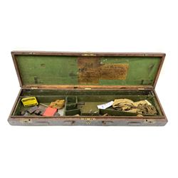 Leather, oak and brass shotgun case with Westley Richards & Co labels to the lid, fitted interior to accommodate 76.5cm barrels, containing assorted gun cleaning equipment, L83.5cm overall 