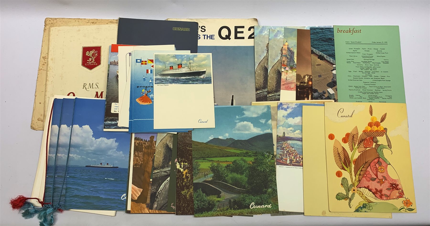 Cunard Liners memorabilia - RMS Queen Elizabeth, thirty menus January 1965; RMS Queen Mary, five menus September 1956 and voyage souvenir book; other menus etc October 1964 for both vessels; QE2 menu May 1969 and booklet
