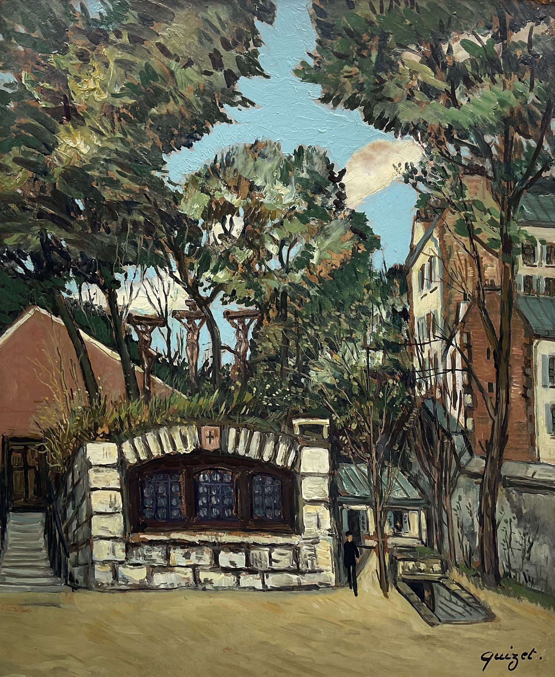 Alphonse Leon Quizet (French 1885-1955): Entrance to a Parisian Crypt, oil on board signed 45cm x 37cm