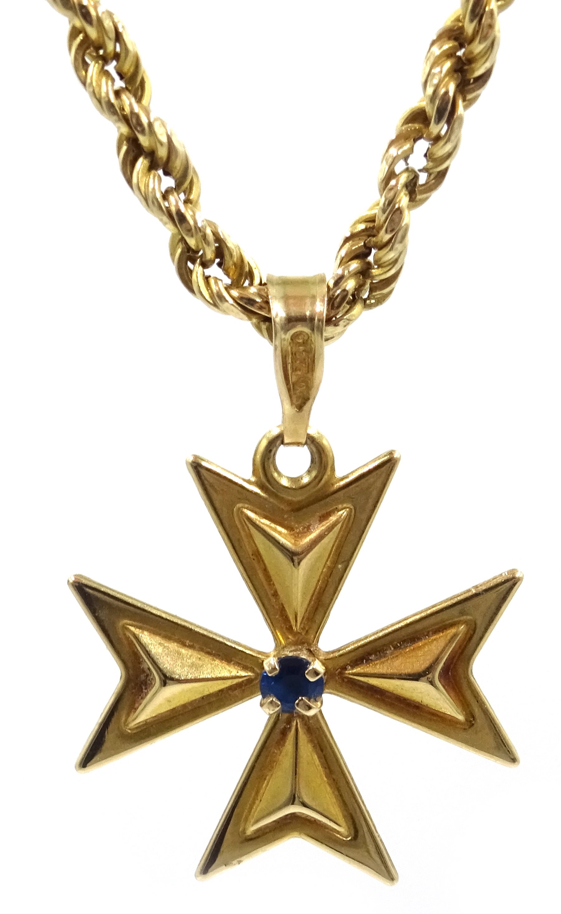 9ct gold sapphire set Maltese cross pendant on rope twist necklace