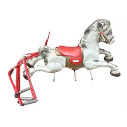 1960's Mobo Toys (David Sebel & Co) Prairie King spring rocking horse on stand, painted pressed steel construction, red tubular stand, trademark red and yellow circular Mobo logo, 100cm long (dismantled)