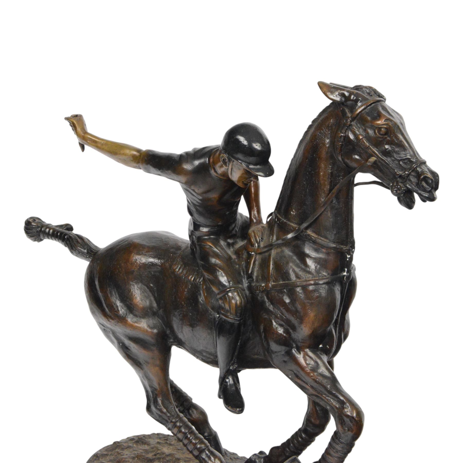 20th century spelter figure of a mounted polo player, upon a marble base, H60cm