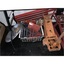 Large trolley jack, axel stands, Land Rover wheel cover, inspection trolley, Champion spark plug stand etc - THIS LOT IS TO BE COLLECTED BY APPOINTMENT FROM DUGGLEBY STORAGE, GREAT HILL, EASTFIELD, SCARBOROUGH, YO11 3TX