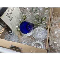 Quantity of glass ware to include boxed Pagoda Guzzini tumblers, Roemer type glasses with etched bowls, Caithness vase, other engraved glass, bowls, decanter, etc