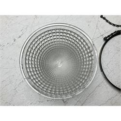 Edwardian glass holophane ceiling light, the domed bowl shade suspended in circular brass frame by three chains, stamped Crystal Bowl Holophane 8424, patent no 1796, 1910 on the inside rim, D35cm