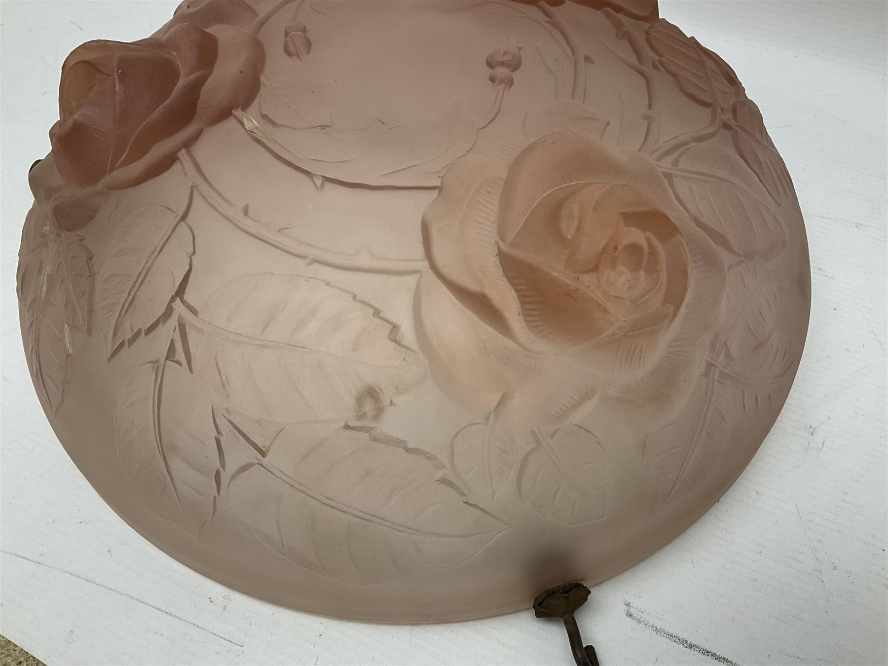 1930s pink frosted glass ceiling light shade, decorated with roses, D