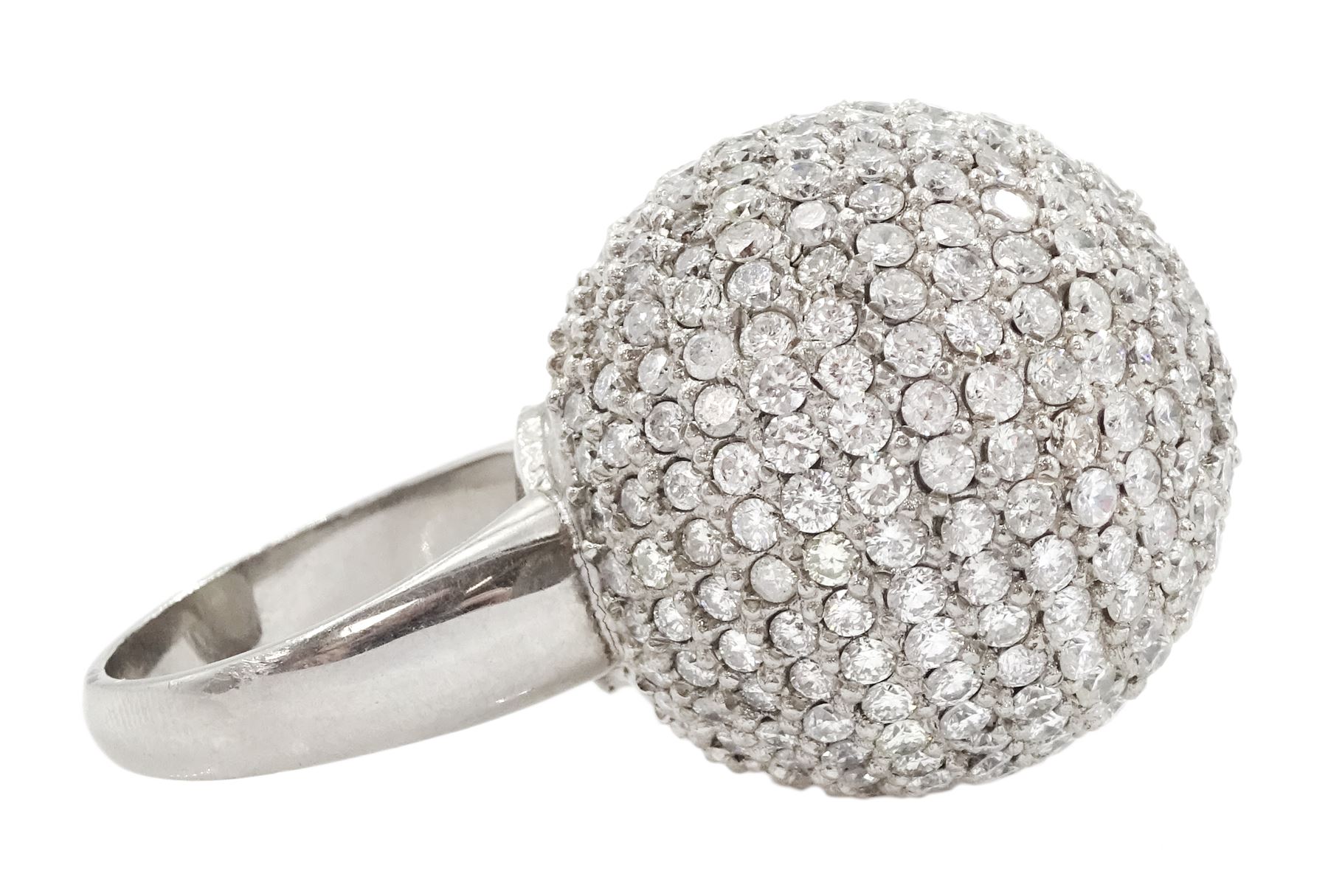 Palladium pave set round brilliant cut diamond ball ring, hallmarked, total diamond weight approx 15.00 carat
