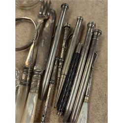 Silver propelling pencil and a silver toothpick, together with two silver collared glass items and a small collection of silver plated propelling pencils, etc
