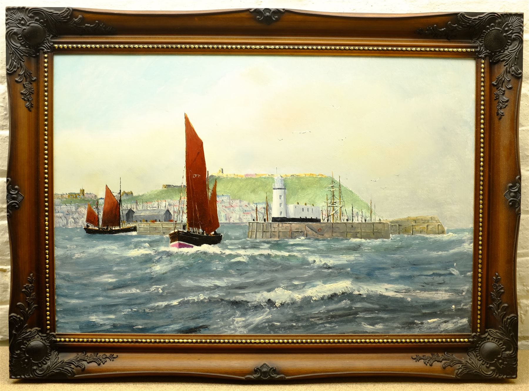 Robert Sheader (British 20th century): Lowestoft Herring Drifters off Scarborough, oil on board signed 50cm x 75cm