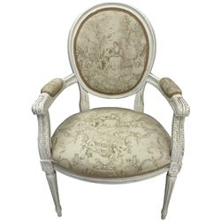 French style white painted armchair, upholstered seat, back and arms