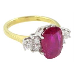 18ct gold oval ruby and round brilliant cut diamond ring, stamped 750, ruby approx 3.30 carat, total diamond weight approx 0.35 carat