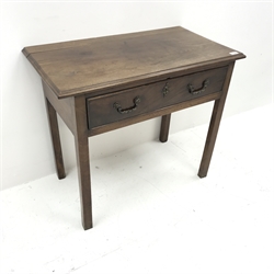 19th century mahogany side table, moulded top, single cockbeaded drawer, square supports, W85cm, H72cm, D47cm