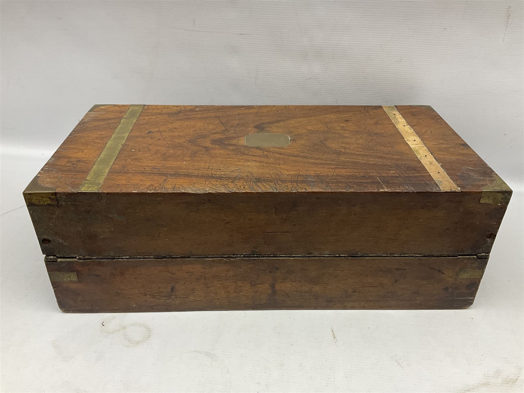 Mahogany brass bound writing box for restoration, the hinged lid lifting to reveal compartmented interior with folding slope, W50cm D25cm H18cm