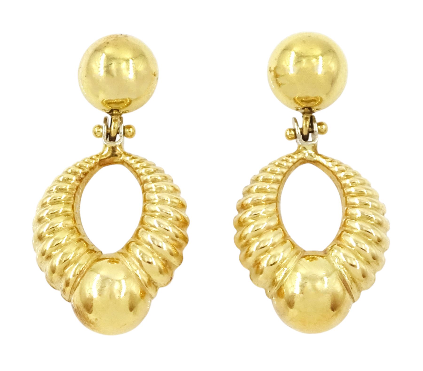 Pair of 18ct gold pendant earrings, each set with a ball stud, suspending a textured hoop drop, stamped 750