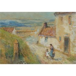Scottish School (Early 20th century): Mother and Daughter in a Fishing Village, watercolour and gouache indistinctly initialled 17cm x 25cm     