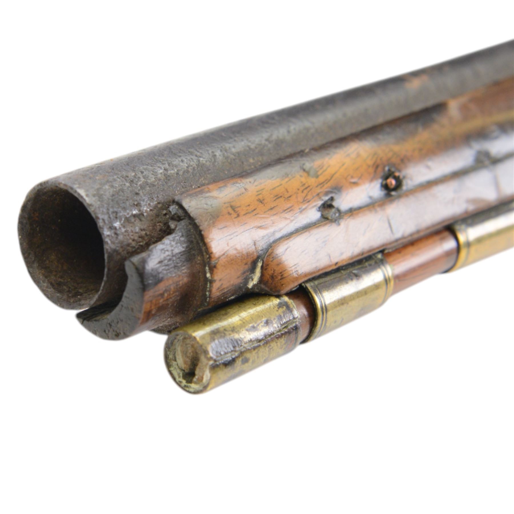 19th century flintlock pistol, the 18cm barrel with ram rod under, chequered walnut stock with brass butt cap, L32cm