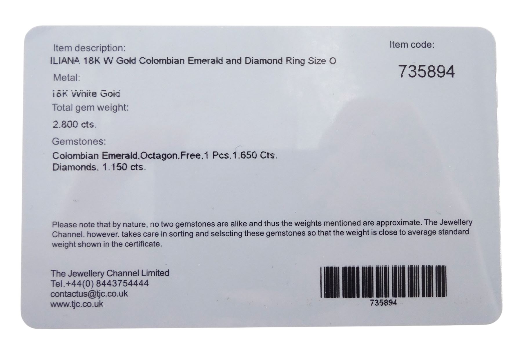 18ct white gold Colombian emerald and diamond cluster ring by Iliana, single octagonal cut emerald of 1.65 carat, surrounded by two rows of round brilliant cut and tapered baguette cut diamonds, hallmarked