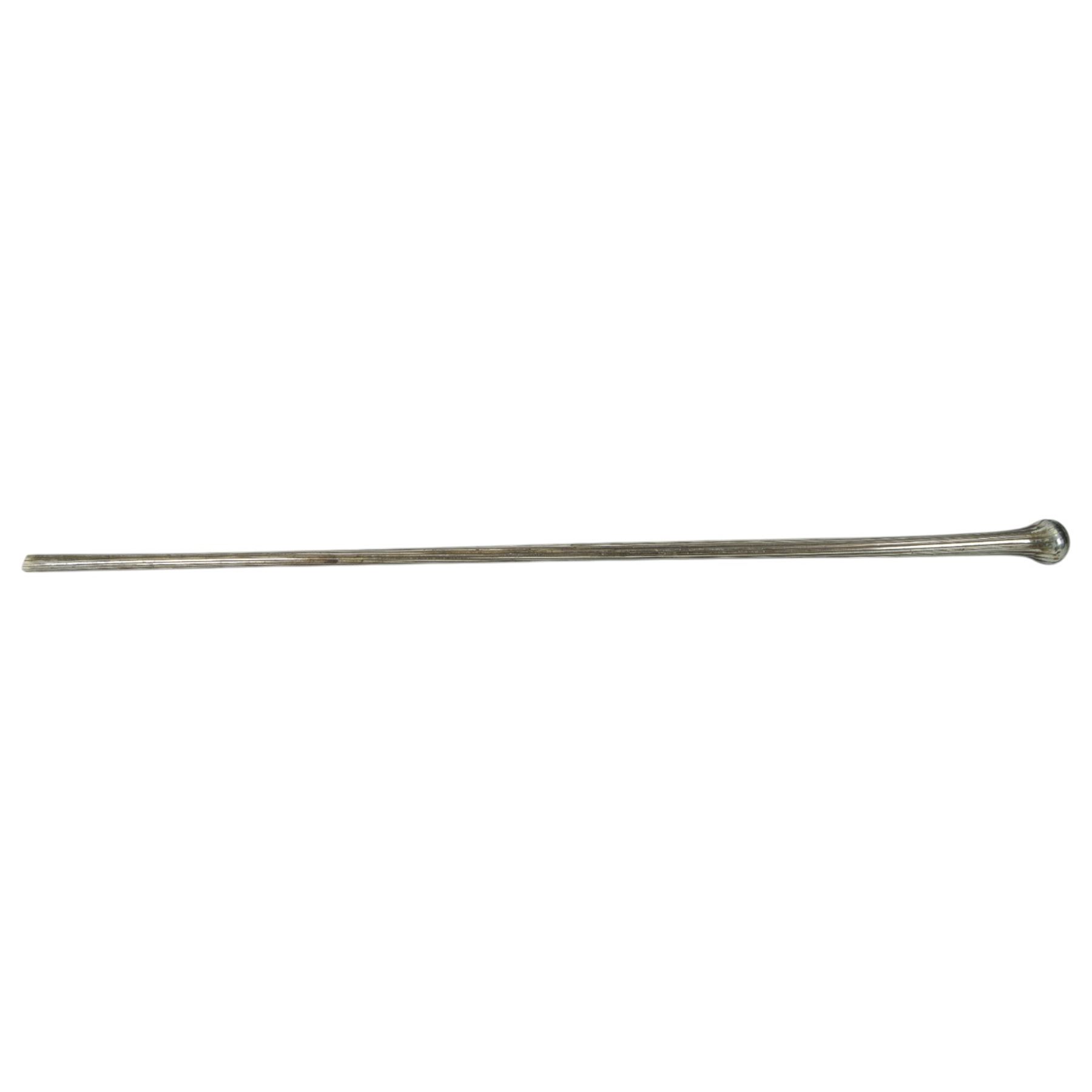Blown glass walking stick with a metallic silver interior coloring and ribbed stem, L114